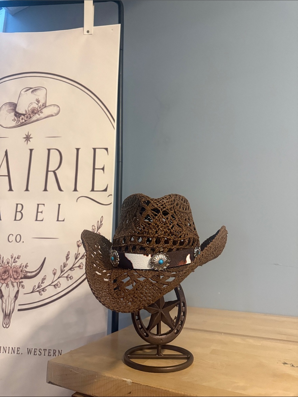 Haute Hippie Brown Straw Cowboy Hat with Turquoise Conchos